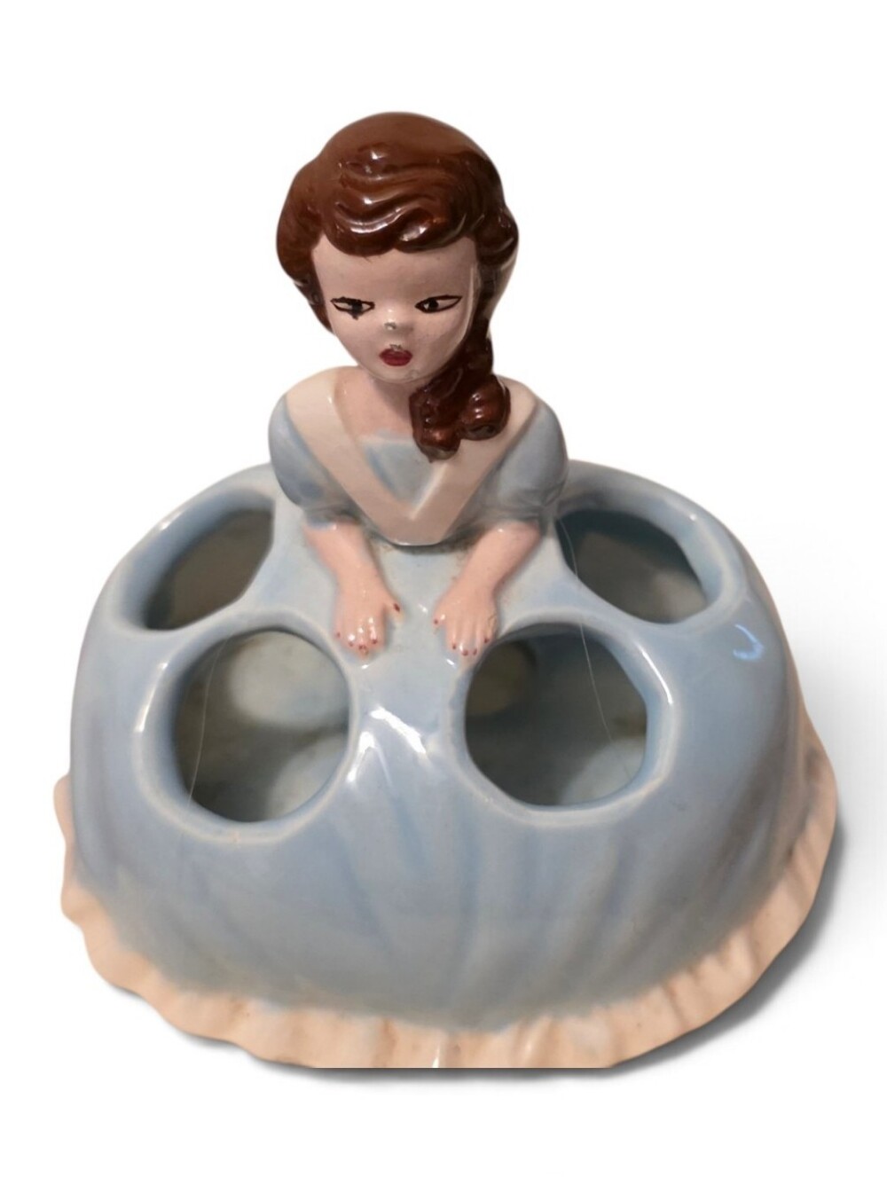 Vintage Lipstick Holder Ceramic Belle Lady In Blue Dress Holds 4 Lipsticks 1969